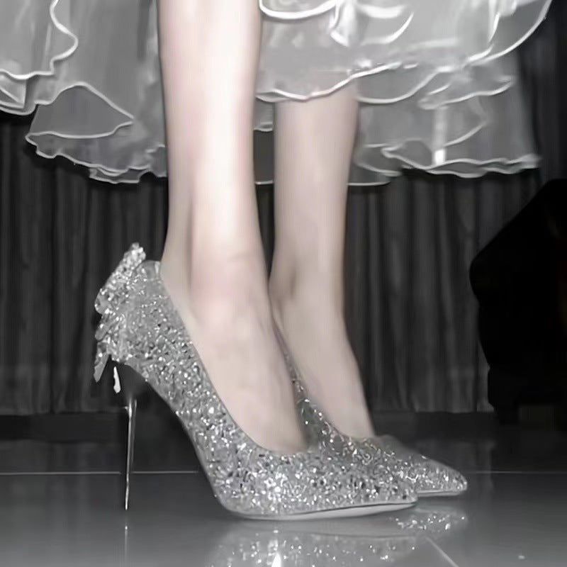 Primavera/Outono 2025 Novos Laços de Salto Alto de Diamante de Prata em Cristal para Mulher, Sapatos de Casamento Francês de Stiletto de Alta Qualidade para As Damas de Honor