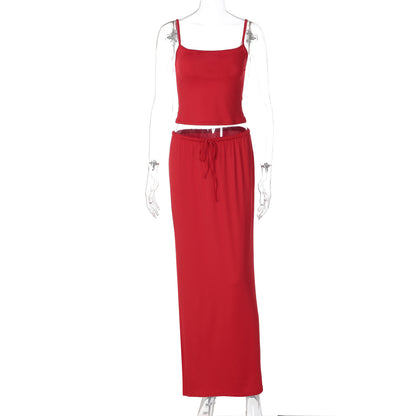 Novo Conjunto de Moda Transfronteiriça da Amazon: Camisola Pequena Slim Sexy, Saia Longa de Cor Sólida que Envolve as Ancas, Conjunto de Duas Peças para Mulheres
