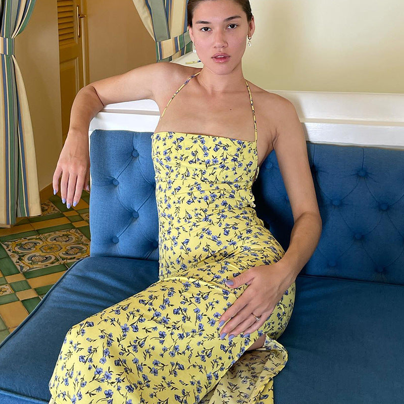 Roupa feminina ao estilo europeu e americano 2026 novo artigo quente de exportação, vestido slip floral sexy com fenda e vestido sem costas para mulheres