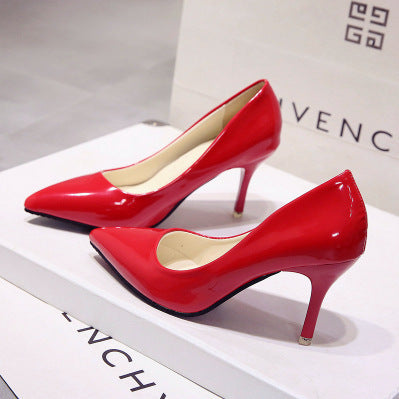 Saltos altos altos European Station Nude Stilet, sapatilhas de trabalho pretas com bico pontiagudo, sapatos plus size azuis em verniz feminino, sapatos vermelhos de casamento