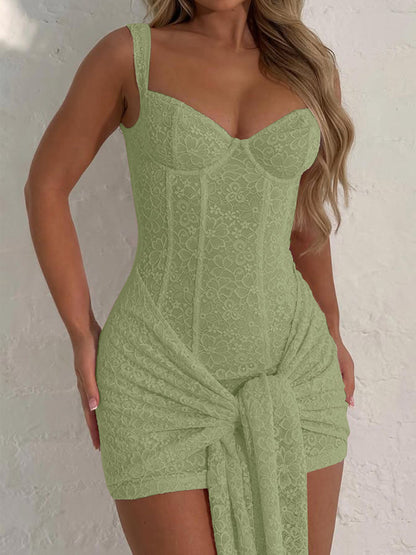 Vestido de Moda Transfronteiriço em renda Sexy com decote em V, cintura apertada na cintura, vestido com alças retalhadas e contornos de anca