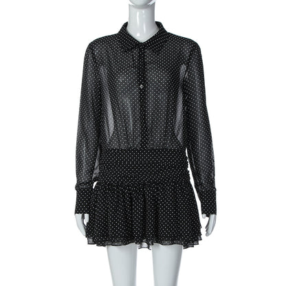 Vestido de moda POLO sexy com gola de bolinhas em chiffon, retalhos em camadas da Amazon, para mulheres