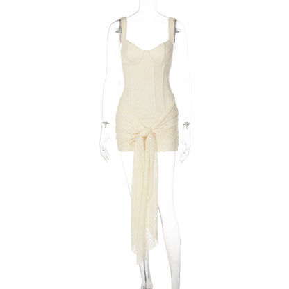 Vestido de Moda Transfronteiriço em renda Sexy com decote em V, cintura apertada na cintura, vestido com alças retalhadas e contornos de anca