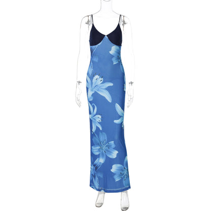 Vestido feminino feminino estampado, sexy, com decote em V, com decote em V, e bestseller na moda europeia e americana, com decote em V, longo, slim slip