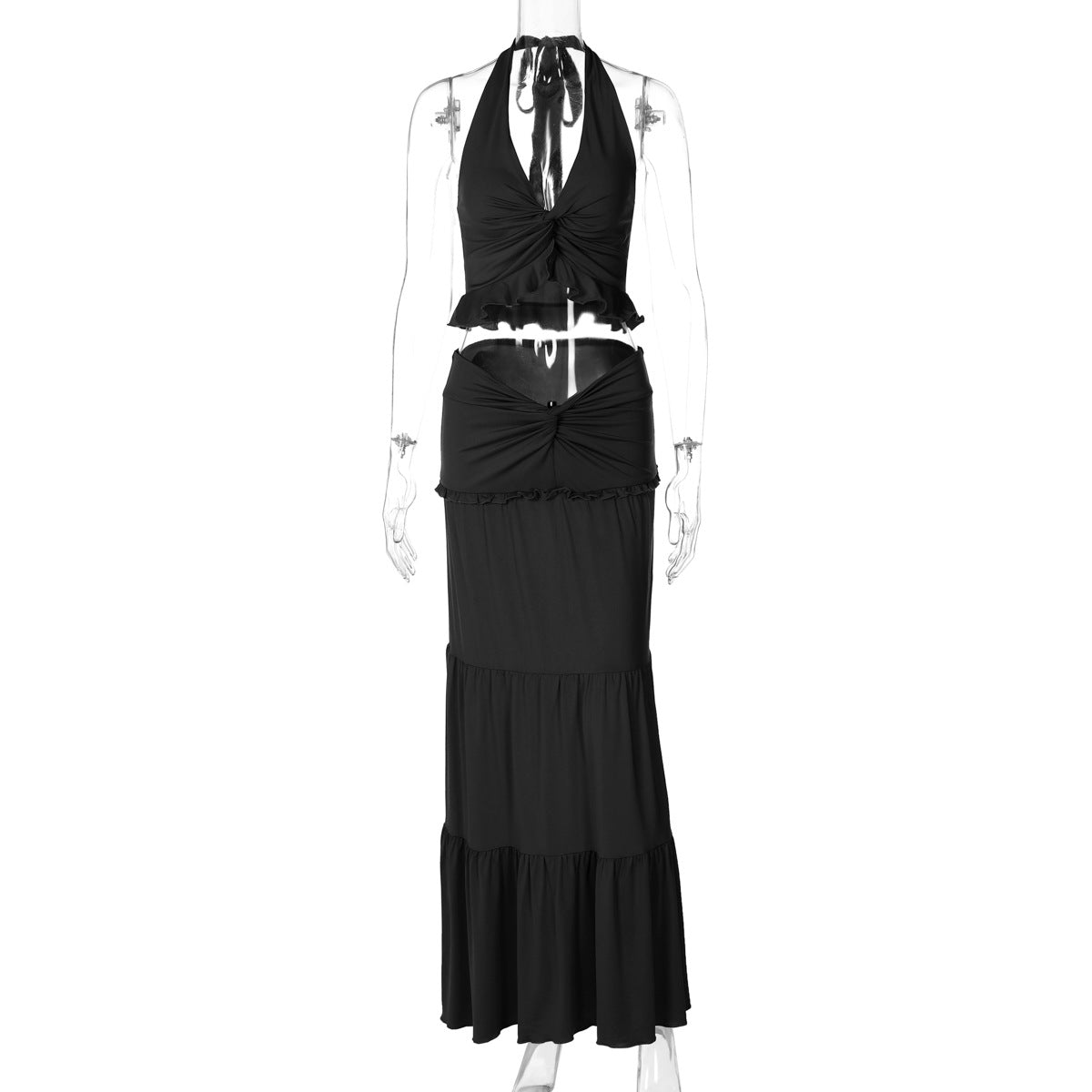 Moda feminina europeia e americana, novo conjunto sexy de vestidos longos com decote em V com borda com folhos e alças longas torcidas para mulheres