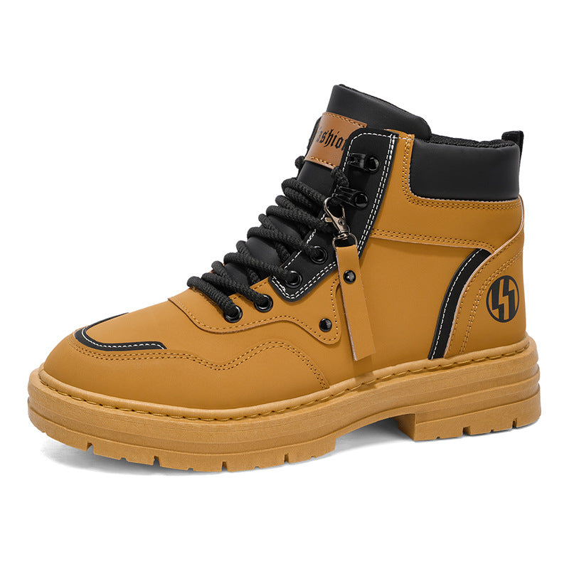 Botas Martin de Homem Roupa de trabalho de outono de estilo britânico de cano alto Botas de trabalho amarelas grandes para camisola desportiva casual masculina para caminhadas ao ar livre com sola grossa