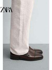 ZARA Coleção Primavera/Verão 2026 Sapatos Masculinos, Sapatos de Couro Marrom com Fivela Dupla, Sapatos Monk Sociais, 2410621 700
