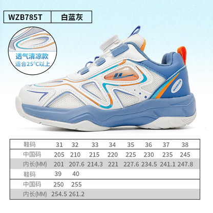 Sapatos vermelhos de rapazes com botões, sapatos de badminton em pele com rede fixe, sapatos infantis Warrior novos de outono, sapatos desportivos de interior