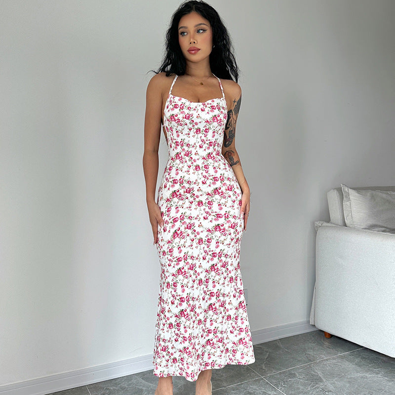 Roupa feminina ao estilo europeu e americano 2026 novo artigo quente de exportação, vestido slip floral sexy com fenda e vestido sem costas para mulheres
