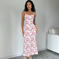 Roupa feminina ao estilo europeu e americano 2026 novo artigo quente de exportação, vestido slip floral sexy com fenda e vestido sem costas para mulheres