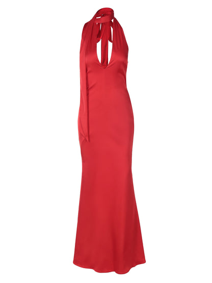 Vestido feminino feminino europeu e americano de 2025, novo vestido sexy em V profundo com fita oca, fita de cor sólida, estilo maduro