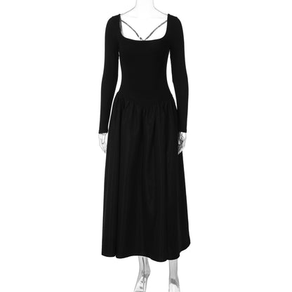 Vestido elegante estilo Hepburn francês 2026, vestido comprido estreito de cor sólida sem costas e amarração cruzada slim para mulher, dropshipping