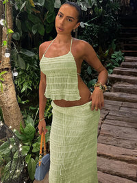 Moda de Verão Francesa 2026 Novo Conjunto de Vestido Longo Slim de Estilo Europeu e Americano de Decote Halter, Corpo Sem Costas, Ajustado Elegante Estilo Europeu e Americano