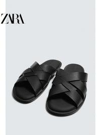 ZARA Coleção Verão 2026 - Sapatos Masculinos: Sandálias Rasteiras de Couro com Tiras na Cor Combinando (2750820 800)