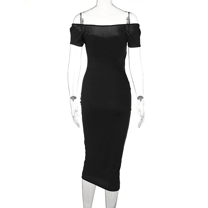 Vestido feminino quente de verão 2026, estilo europeu e americano, de verão 2026, para corte longo e ajustado com costelas e ombros descobertos para exportação grossista