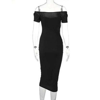 Vestido feminino quente de verão 2026, estilo europeu e americano, de verão 2026, para corte longo e ajustado com costelas e ombros descobertos para exportação grossista