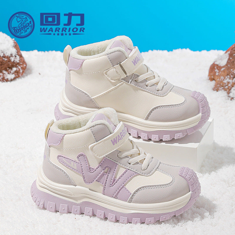 Sapatos versáteis de algodão color-block da Warrior Fashion, velcro infantil, sapatos desportivos casuais fáceis de deslizar, sapatos quentes forrados a lã