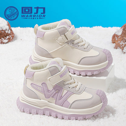 Sapatos versáteis de algodão color-block da Warrior Fashion, velcro infantil, sapatos desportivos casuais fáceis de deslizar, sapatos quentes forrados a lã