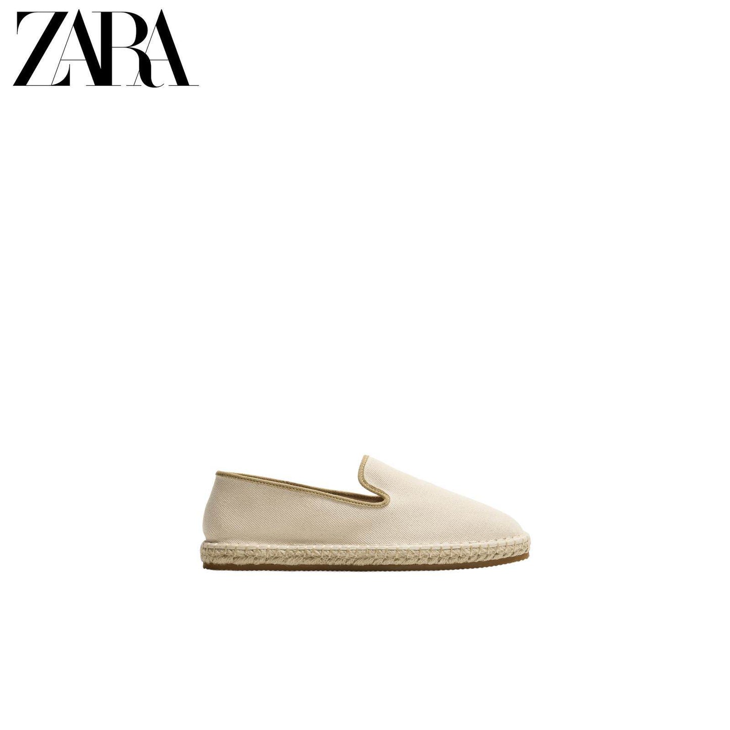 Sapatos masculinos ZARA Primavera/Verão 2026: Cabedal em algodão, design liso, forma arredondada, sola de linho. Modelo 2743720 002.
