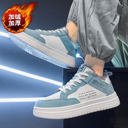 Ténis brancos de homem, sapatos casuais de algodão espessos forrados a polar de inverno 2024, sapatos desportivos quentes antiderrapantes