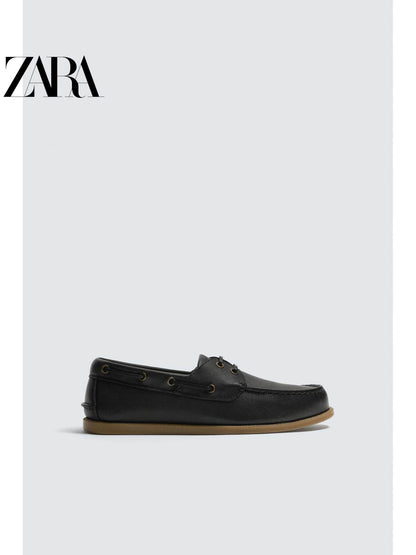 Sapatos masculinos ZARA Primavera/Verão 2026, cabedal em couro liso, bico redondo, estilo náutico, 2438720 800