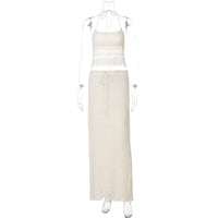 Moda de Verão Francesa 2026 Novo Conjunto de Vestido Longo Slim de Estilo Europeu e Americano de Decote Halter, Corpo Sem Costas, Ajustado Elegante Estilo Europeu e Americano