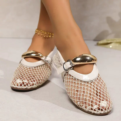 Temu Novos Sapatos Femininos Plus Size Transfronteiriços, sapatos de ballet em malha, fivelas de cinto femininas, acabamentos em verniz, confortáveis, respiráveis, ocos