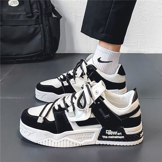 Sapatilhas de skate de verão para homens, panda preto e branco, marcas americanas ultra-leves de sola grossa e modernas, sapatilhas casuais casuais de alta qualidade que aumentam a altura