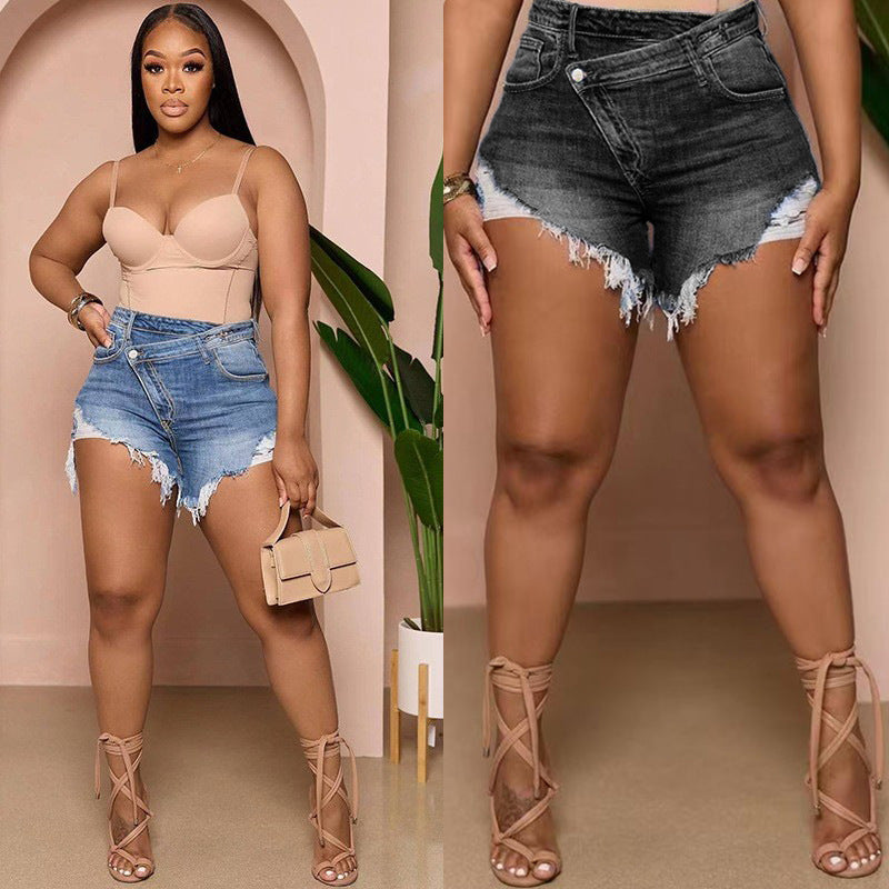Venda direta de fábrica 2025 primavera/verão novos calções de ganga sexy de cintura alta na Amazon para mulher, que afinam e ajustam