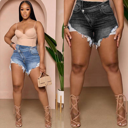 Venda direta de fábrica 2025 primavera/verão novos calções de ganga sexy de cintura alta na Amazon para mulher, que afinam e ajustam