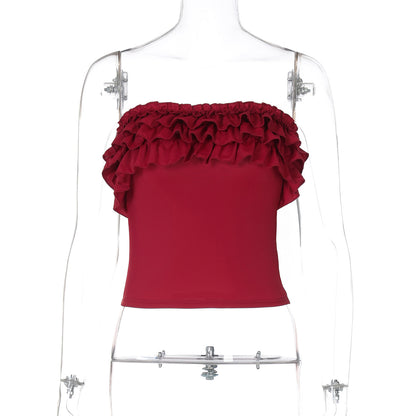 Moda INS europeia e americana, nova e sexy, slim fit e estilo picante, top de alças lisas com folhos e ombros descobertos para mulheres