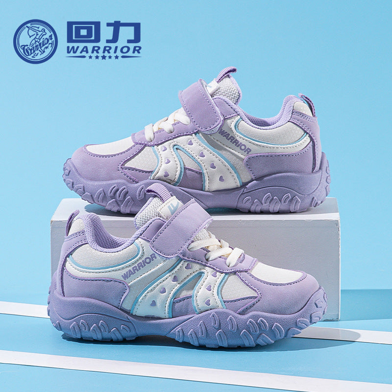 Ténis roxos em forma de coração para raparigas, sapatos casuais novos em pele de outono, sapatos infantis guerreiros, sapatos leves para pneu com sola