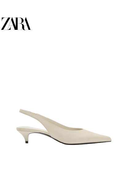 ZARA 2026 Verão Novo Sapatos Femininos Mules de Couro com Salto Baixo e Bico Fino 3228710 850