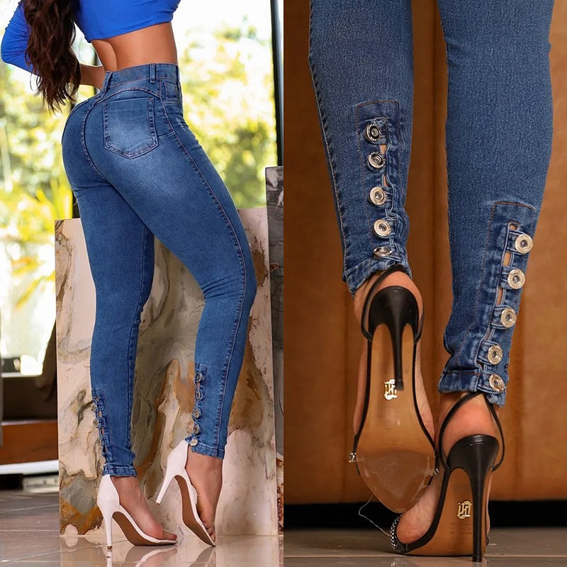 Comércio Estrangeiro Transfronteiriço 2025 Primavera 2025 Novas Jeans de cintura alta elásticas para mulher, calças justas com botões que levantam as ancas