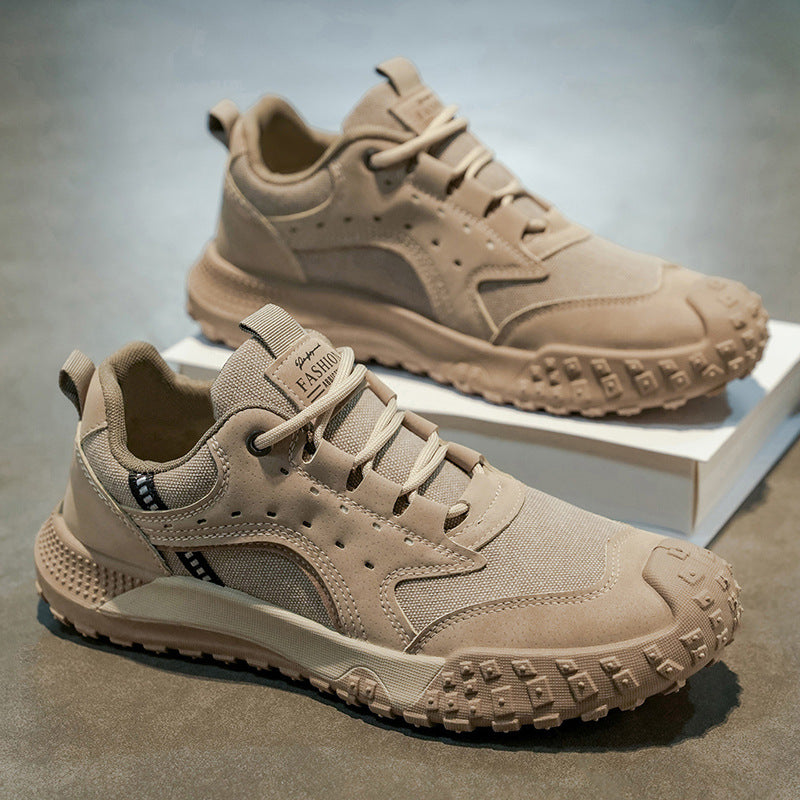Sapatos masculinos de sola espessa outono 2025, antiderrapantes e resistentes ao uso, sapatos de proteção para obras de obra, sapatos desportivos para atividades ao ar livre masculinos