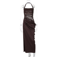 Vestido de retalhos sexy transfronteiriço europeu e americano, justo, sem costas, de cor sólida, que revela a cintura, vestido comprido elegante para mulheres