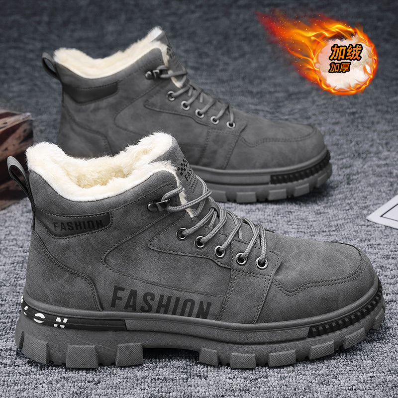 Botas de neve masculinas, botas de algodão espessas forradas a polar para o inverno 2025, sapatos masculinos resistentes ao frio, sapatos quentes de algodão, botas Martin masculinas