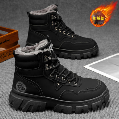 Botas de neve masculinas, sapatos de algodão do Nordeste, forrados em polar de inverno, quentes e espessos, em pele e pele integraram botas de algodão Martin resistentes ao frio e resistentes ao frio