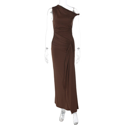 Roupa feminina transfronteiriça europeia e americana 2026 verão nova moda slim-fit diagonal sem mangas vestido de cor sólida por grosso