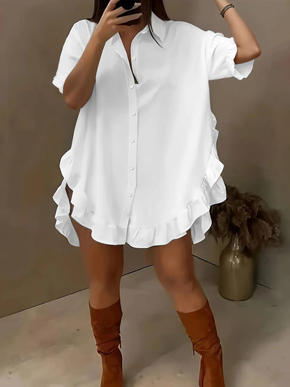 Roupa feminina O-size de manga curta para comércio estrangeiro transfronteiriço, folhos plissados soltos de cor sólida, camisa de bainha larga, camisa casual