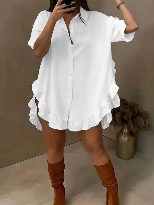 Roupa feminina O-size de manga curta para comércio estrangeiro transfronteiriço, folhos plissados soltos de cor sólida, camisa de bainha larga, camisa casual
