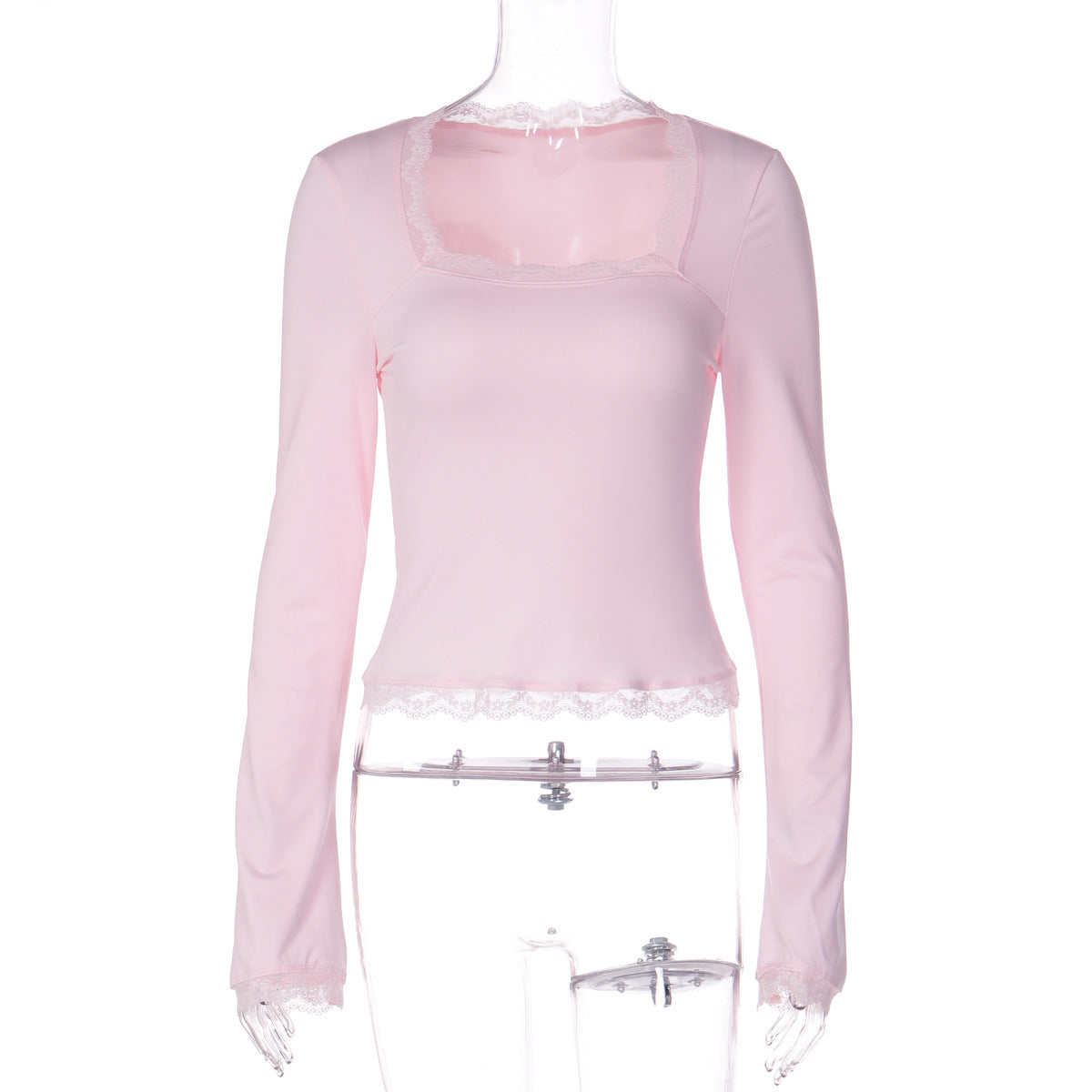 Amazon Novas camisolas femininas versáteis, com gola quadrada, gola quadrada em renda lateral e manga longa, slim-fit, na moda da Amazon, para comércio exterior