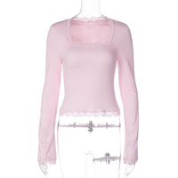 Amazon Novas camisolas femininas versáteis, com gola quadrada, gola quadrada em renda lateral e manga longa, slim-fit, na moda da Amazon, para comércio exterior