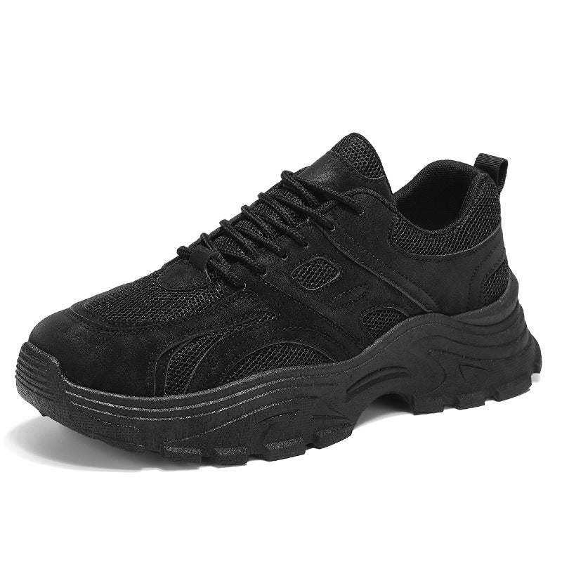 Sapatos masculinos de verão, novos sapatos de malha respiráveis, ténis pretos versáteis e de sola grossa, sapatos casuais da moda para pais