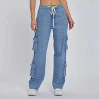 Amazon Independent Site 2025 Primavera Novas Calças de Trabalho Lavadas de Rua Jeans de Mulher com Múltiplos Bolsos de Perna Larga com Atacadores