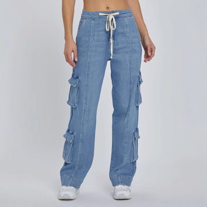 Amazon Independent Site 2025 Primavera Novas Calças de Trabalho Lavadas de Rua Jeans de Mulher com Múltiplos Bolsos de Perna Larga com Atacadores