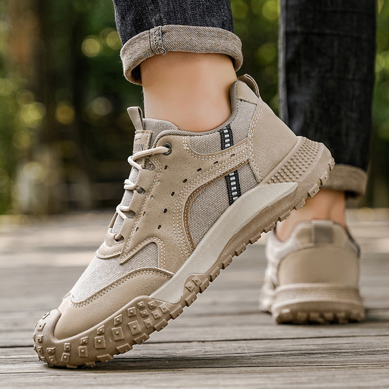 Sapatos masculinos de sola espessa outono 2025, antiderrapantes e resistentes ao uso, sapatos de proteção para obras de obra, sapatos desportivos para atividades ao ar livre masculinos