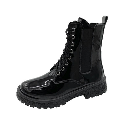 Botas femininas: Botas de salto redondo com salto redondo de salto médio, sapatos femininos em couro verniz coreano de outono 2025, botas Martin confortáveis