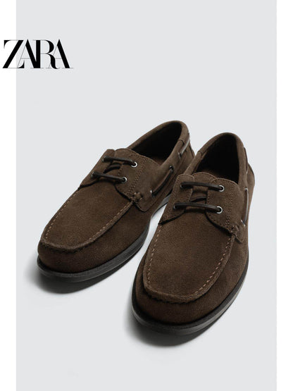 ZARA 2026 Primavera/Verão Sapatos Masculinos Novos com Acabamento em Camurça, Sapatos Casuais Náuticos de Couro 2442720 700