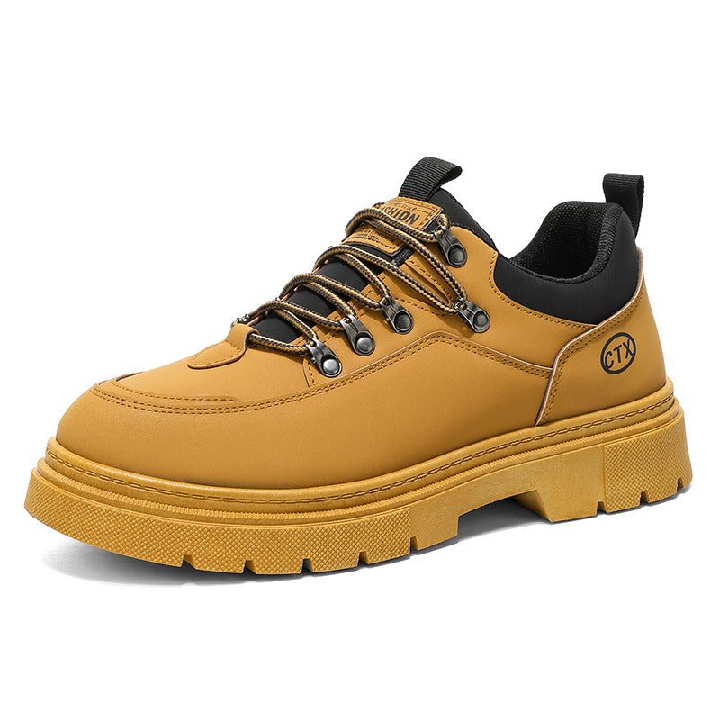 Homens Outono 2025 Novos Sapatos Desportivos Pretos Casuais em Pele, Roupa de Trabalho Antiderrapante com Sola Grossa Martin Sapatos da Moda